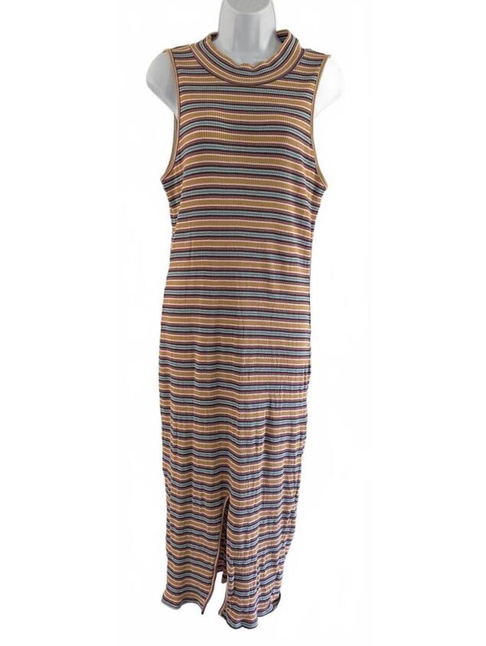 Sleeveless Striped Ribbed Knit Midi Dress with Mock Neck